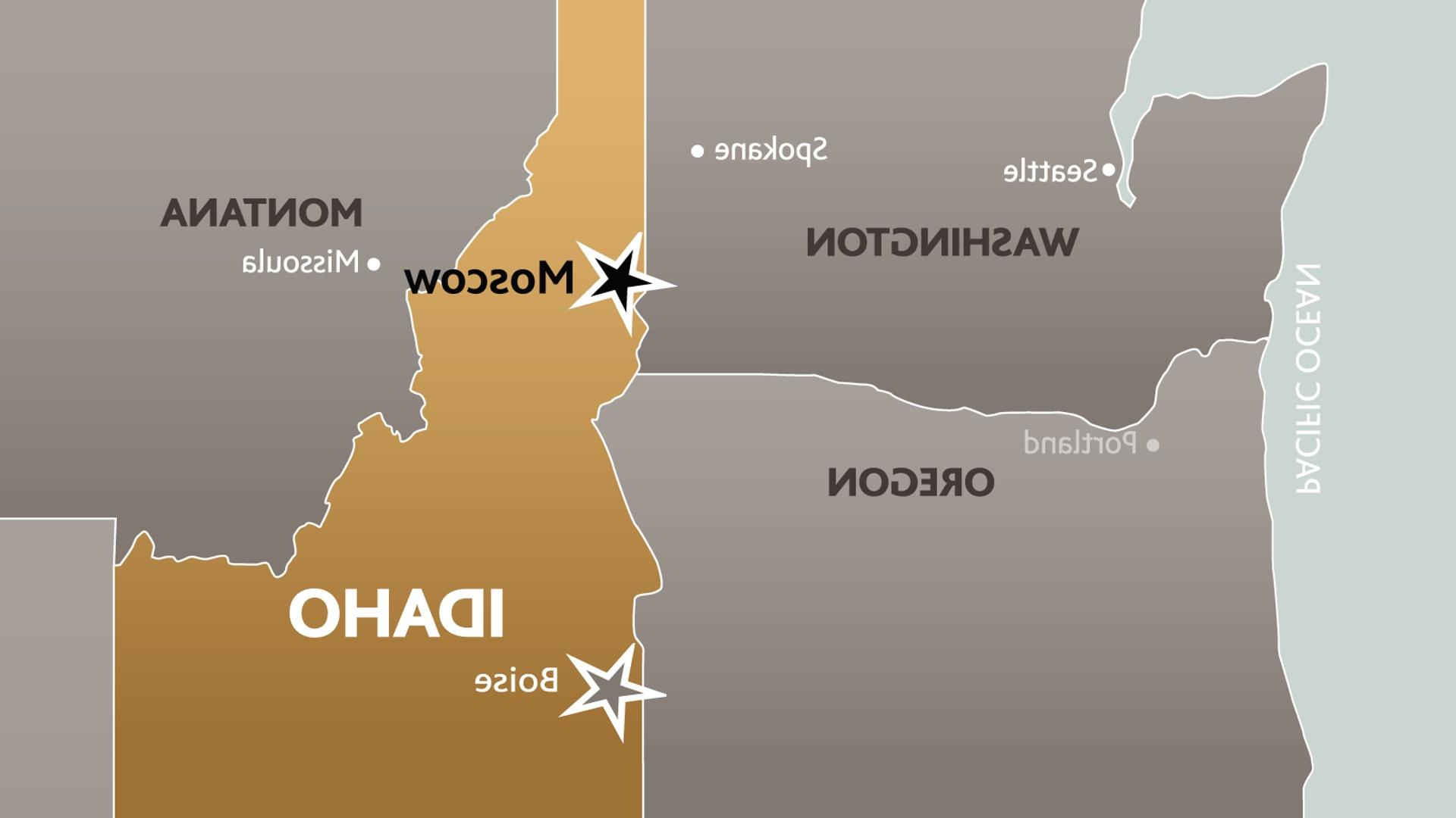  A map of Idaho and surrounding state with Moscow and Boise's locations marked with a star. 